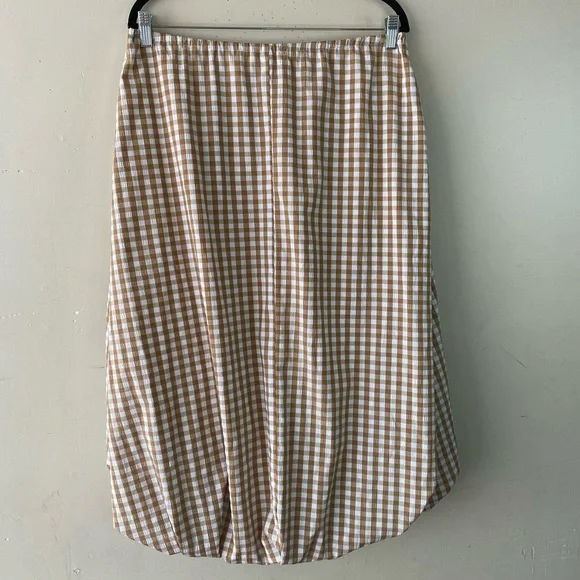 Emerson Lang Tan Gingham Bubble Midi Skirt Size M Tan White Plaid Lined - Picture 4 of 11
